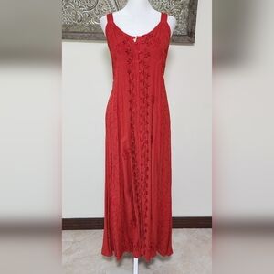 Vtg. Designs Women's Rust Orange Button Front Embroidered Maxi Dress Medium Boho